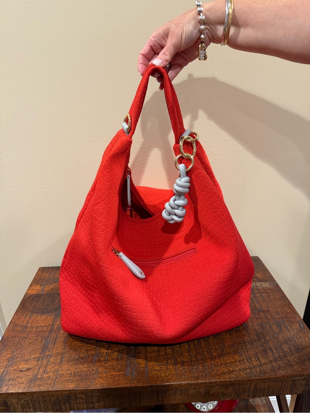 Sondra Roberts Red Textured Hobo Bag with Gray Knot Accent - Picture 2 of 4